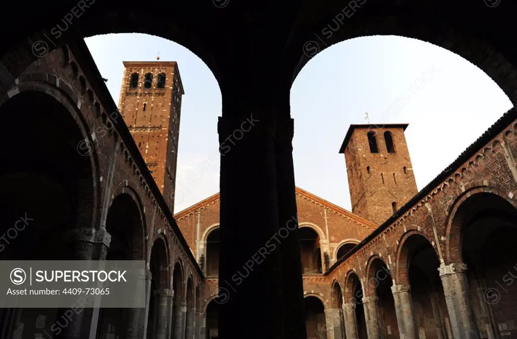 Italy. Milan. Basilica of St. Ambrose. Consagred in 379. The edifice underwent several restorations, assuming the current appearance in the 12 century, when it was rebuilt in the Romanesque style. Porch.