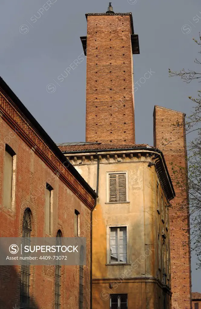 Italy. Pavia. The two medieval towers. Erected between 12th and 13th centuries. Leonardo Da Vinci Square.