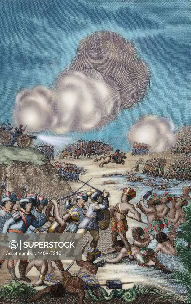 Battle between the troops of Cortes and the Indians of Tabasco, 1519. Volume I. Drawing by J. Altarriba and engraved by J. Carrafa, 1825. Colored.