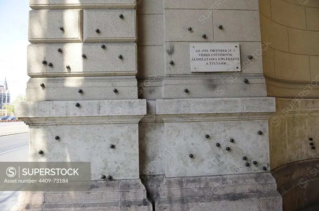 Budapest. Steel balls on the facade of the Ethnographic Museum in memory of people killed by the Hungarian communist regime.