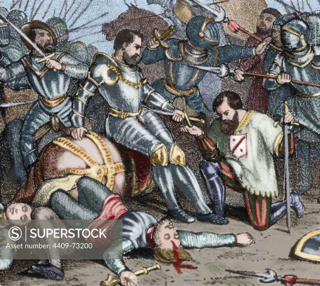 The battle of Pavia. Held on February 24, 1525 between the French army under King Francis I and German-Spanish troops of Emperor Charles V, who were the winner. Francis I of France was taken prisoner after his defeat. Colored engraving.