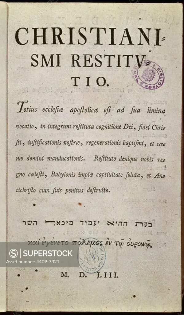 PORTADA DE UNA EDICION DE 1553 DE LA OBRA CHRISTIANISMI RESTITUTIO. Author: Michael Servetus. Location: BIBLIOTECA NACIONAL-COLECCION. MADRID. SPAIN.