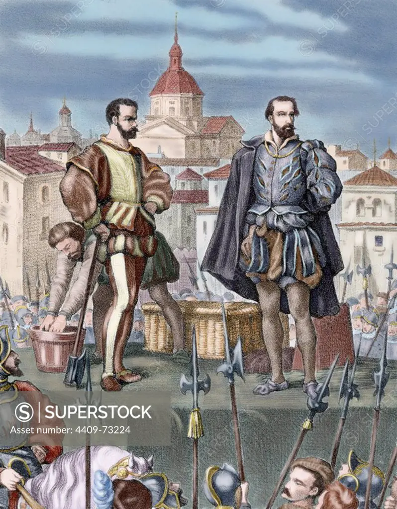 REINADO DE FELIPE II-ARAGON. Tras la revuelta de Zaragoza de 1591, Felipe II intervino y modificó la constitución política aragonesa y las Cortes. "REPRESION DE LAS TROPAS CASTELLANAS: MUERTE DE DON JUAN DE LANUZA (1564-1591) POR DEFENDER A ANTONIO PEREZ". Apresado junto al conde de Aranda y el duque de Villahermosa, fue decapitado el 20 de diciembre de 1591. Grabado coloreado.