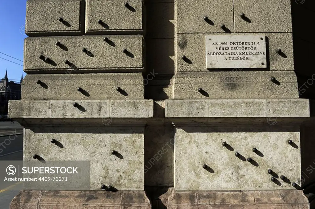 Hungary. Budapest. Steel balls on the facade of the Ethnographic Museum in memory of people killed by the Hungarian communist regime on October 25, 1956, after the failure of the Hungarian Revolution.