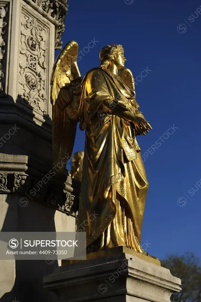 Croatia. Zagreb. Holy Mary's column with angels and fountain by the German-Austrian sculptor Anton Dominik Fernkorn (1813-1878) in 1865. The fountain was built by the Austrian architect Hermann Bolle (1845-1926) between 1880-1882. One of the four golden angels located on the pedestal. Kaptol Square.