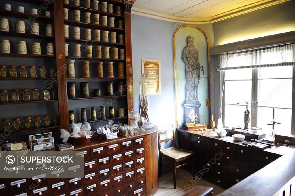 Finland. Turku. Pharmacy Museum and the Qwensel house, built in the 1700s in an area reserved for the nobility. A pharmacy from the 19th century has been furnished in the shop wing of the building. Collection of pharmacy utensils on display and old laboratory.