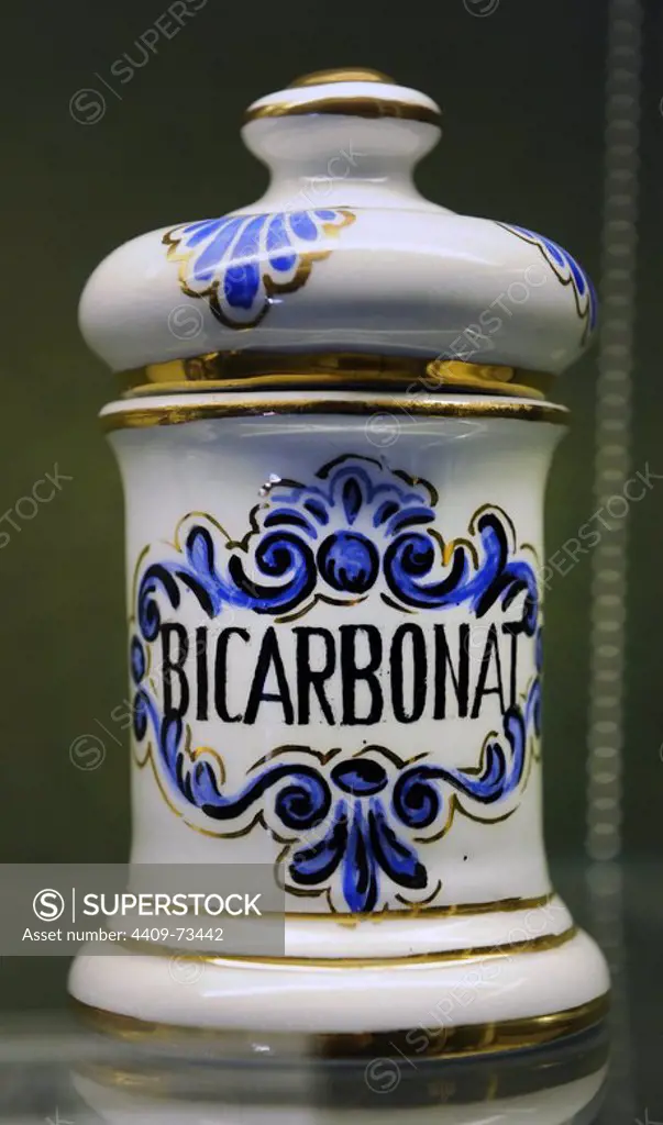 Pharmaceutical jars for storing "Aspirina" and "Bicarbonat". Pharmacy Museum. Turku. Finland.