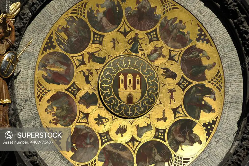 The Prague Astronomical Clock. The calendar, added to the clock in 1870. The twelve medallions represent the twelve months of the year made by Czech painter Josef Manes (1820-1871). Czech Republic.