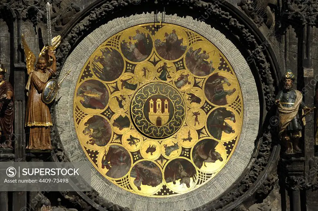 The Prague Astronomical Clock.The calendar, added to the clock in 1870. The twelve medallions represent the twelve months of the year made by Czech painter Josef Manes (1820-1871). Czech Republic.