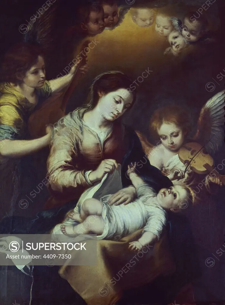 Madonna Wrapping the Christ Child in Swaddling Robes - 17th century - oil on canvas - Spanish Baroque. Author: BARTOLOME ESTEBAN MURILLO. Location: MUSEO DE CADIZ-BELLAS ARTES. Cadiz. SPAIN. VIRGEN DE LA FAJA.