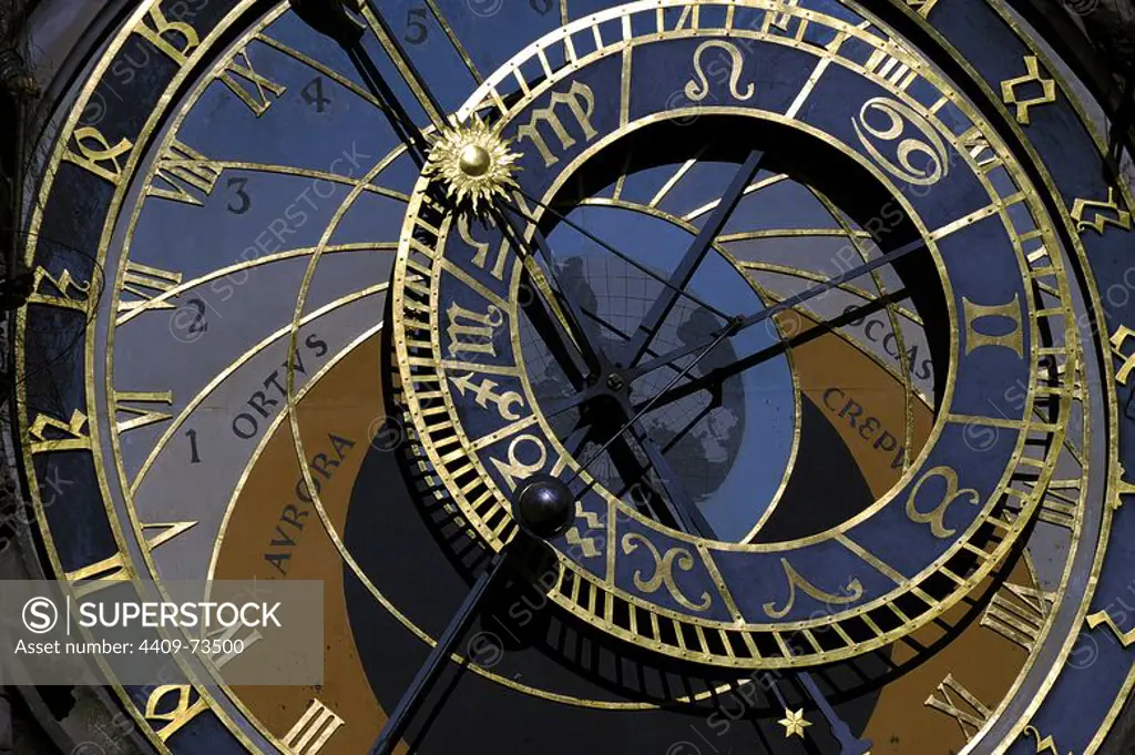 Czech Republic. Bohemia. Prague. Old Town (Stare_ Mesto). Old Town Square (Staromestske_ na_mesti_). Astronomical clock at Old Town Hall Tower. Astromical dial.