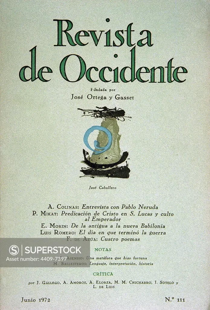 PORTADA DE LA REVISTA DE OCCIDENTE - 1972 - EL PRIMER NUMERO APARECIO EN 1923. Author: JOSE ORTEGA Y GASSET.