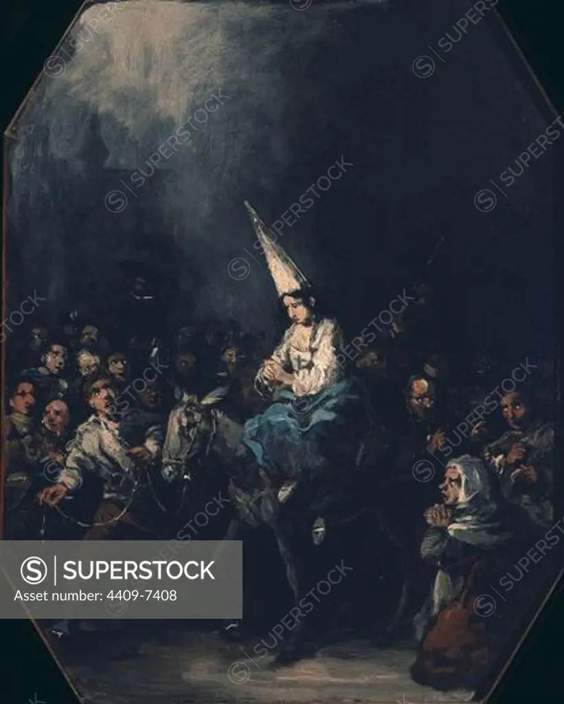 A Woman Damned by The Inquisition - 19th century - 51x41 cm - oil on canvas - Spanish Romanticism. Author: LUCAS VELAZQUEZ, EUGENIO. Location: CASON DEL BUEN RETIRO-PINTURA, MADRID, SPAIN. Also known as: CONDENADO POR LA INQUISICION.