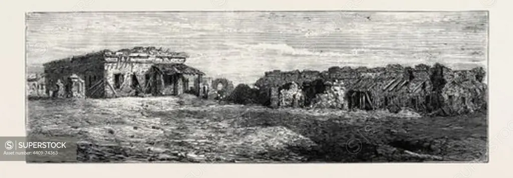 BARRACKS AT CAWNPORE, DEFENDED BY GENERAL WHEELER IN 1857, UNTIL REDUCED TO THIS CONDITION, Indian rebellion.