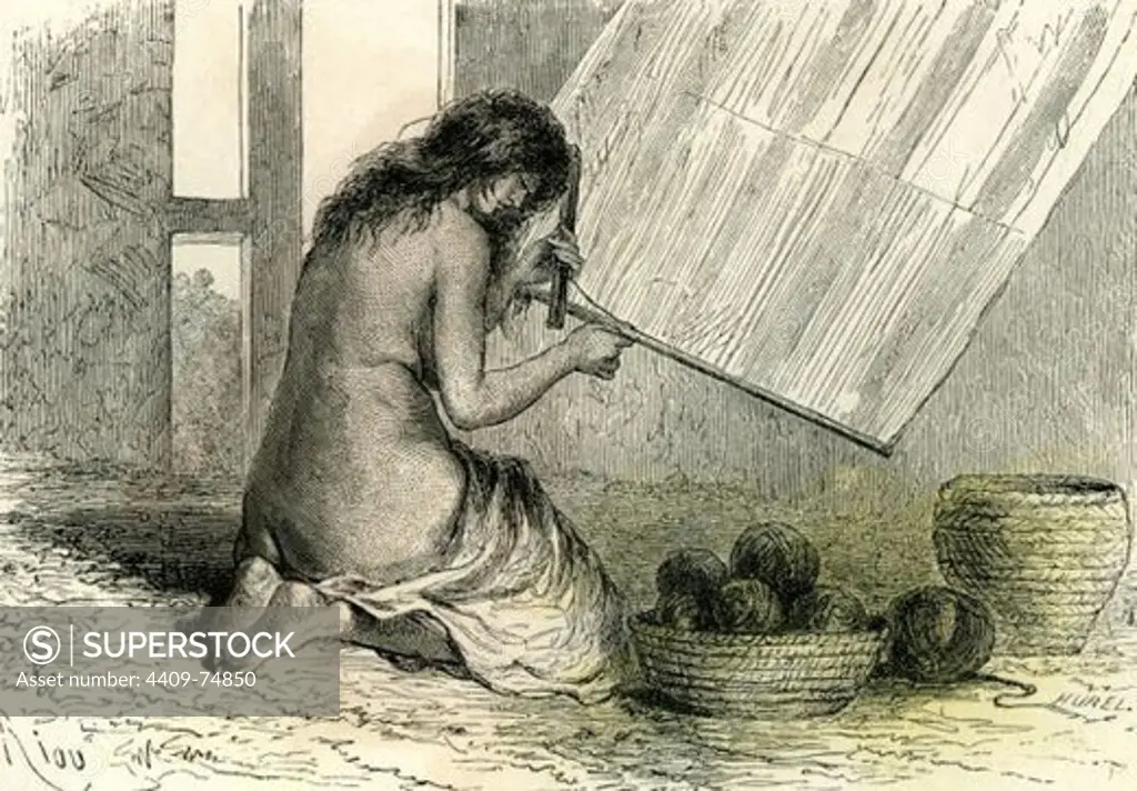 Conibos woman weaving, 1869, Peru.