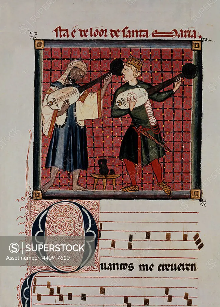 Spanish school. The Cantigas de Santa Maria (manuscript with music notations): Moor and Christian playing lute. Canticle n°120. 13th century. Madrid, San Lorenzo de El Escorial library. Author: Alfonso X of Castile. Location: MONASTERIO-BIBLIOTECA-COLECCION. SAN LORENZO DEL ESCORIAL. MADRID. SPAIN.