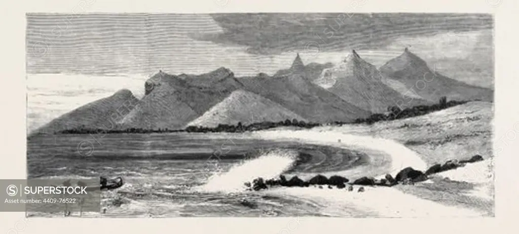 THE COAST OFF BLACK RIVER: PIETER BOTTE IN THE DISTANCE, MAURITIUS.