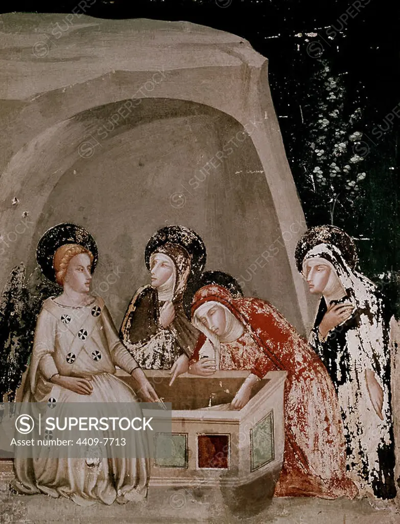 JAUME FERRER BASSA (1285-1348)/ WOMEN IN FRONT OF THE TOMB - MURAL PAINTING IN THE CHAPEL OF SAN MIGUEL - XIV CENTURY - CATALAN GOTHIC. Author: JAUME FERRER BASSA (1285-1348). Location: MONASTERIO DE PEDRALBES-INTERIOR. Barcelona. SPAIN. MARY MAGDALENE. VIRGIN MARY.