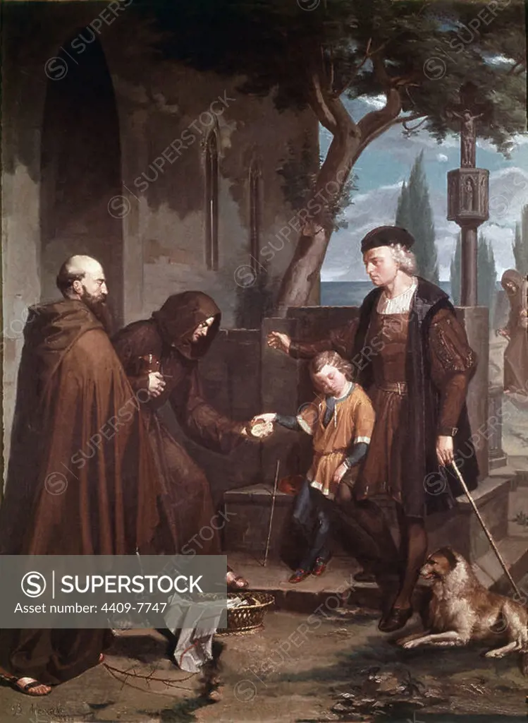 The Franciscan friars of the Convento of Santa Maria de la Rabida give bread and water to Christopher Columbus and his son Diego - 1858 - oil on canvas. Author: BENITO MERCADE Y FABREGAS. Location: PALACIO EPISCOPAL / MUSEO DE ARTE. GERONA. SPAIN. COLON DIEGO. MARCHENA FRAY ANTONIO. CRISTOBAL COLON (1451/1506). CRISTOBAL COLON-HIJO.