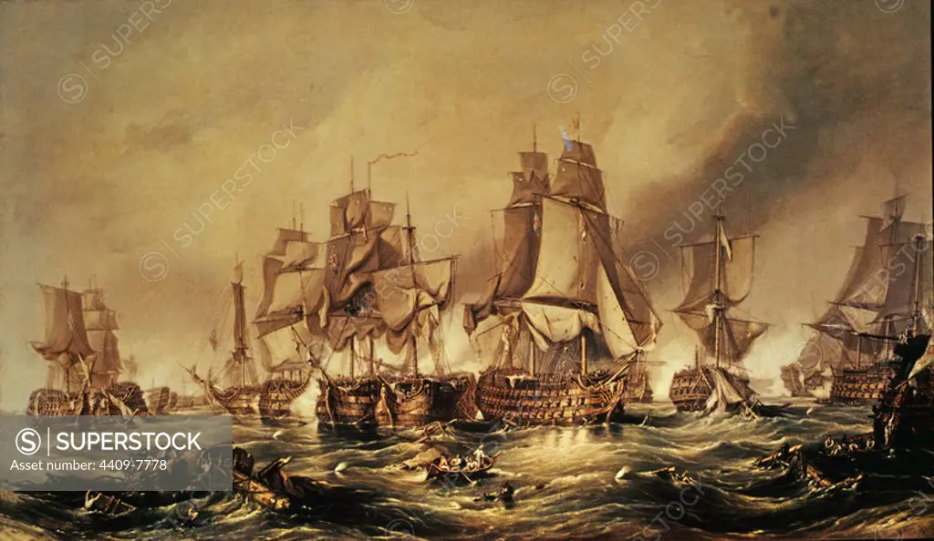 The Battle of Trafalgar. Circa 1836. Oil on canvas (73.7 x 120.7 cm). Greenwich, National Maritime Museum. Author: Chambers. Location: NATIONAL MARITIME MUSEUM. GREENWICH. ENGLAND.