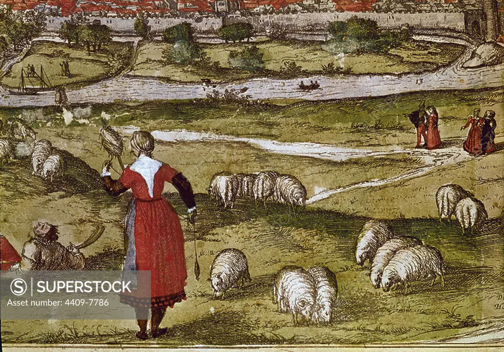 German and Belgian school. Civitates Orbis Terrarum: shepherdess making wool balls. Madrid, National Library. Author: GEORG BRAUN 1541-1622 / FRANS HOGENBERG. Location: BIBLIOTECA NACIONAL-COLECCION. MADRID. SPAIN.