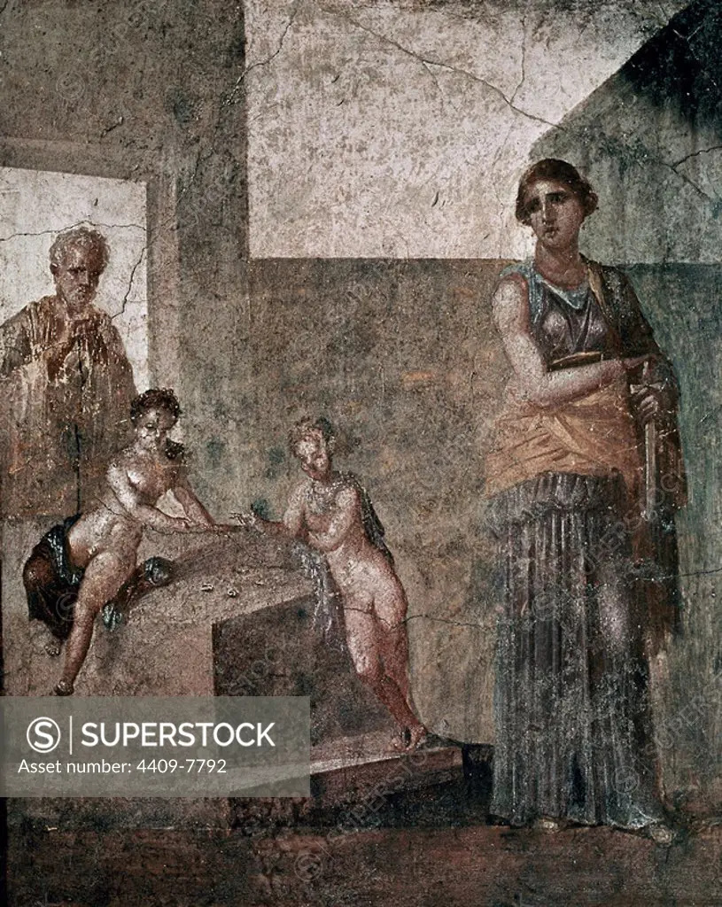 Greek school. Medea about to murder her children. Fresque from Pompei (1.20 x 0.97 m). Naples, national museum of archeology. Location: NATIONAL MUSEUM OF ARCHAEOLOGY. NEAPEL. ITALIA.