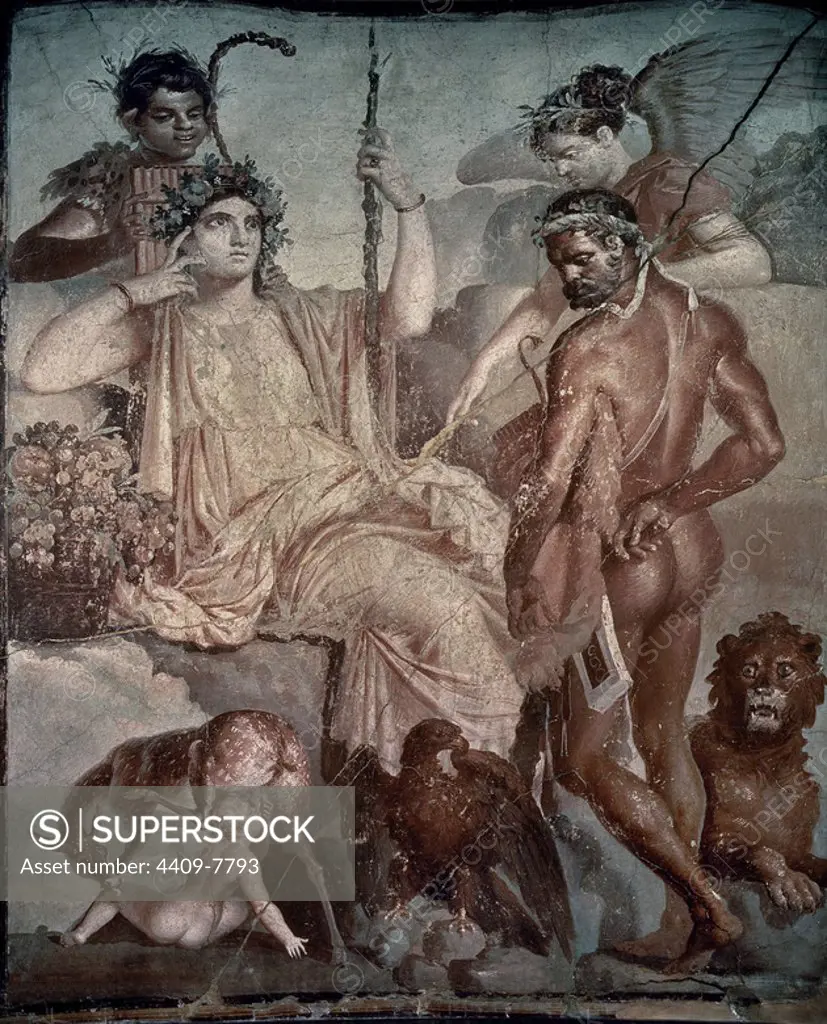 Hercules discovering his son Telephus being nursed by a doe in Arcadia.. Fresco. Naples, Museo Archeologico Nazionale. Location: NATIONAL MUSEUM OF ARCHAEOLOGY. NEAPEL. ITALIA.