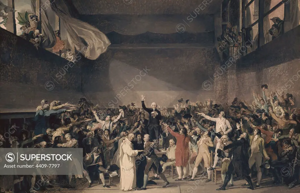The Tennis Court Oath - 1789- oil on canvas. Author: JACQUES LOUIS DAVID. Location: MUSEO PALACIO. Versailles. MAXIMILIEN DE ROBESPIERRE. JEAN SYLVAIN BAILLY. MIRABEAU HONORE GABRIEL CONDE. MARTIN-DAUCH.