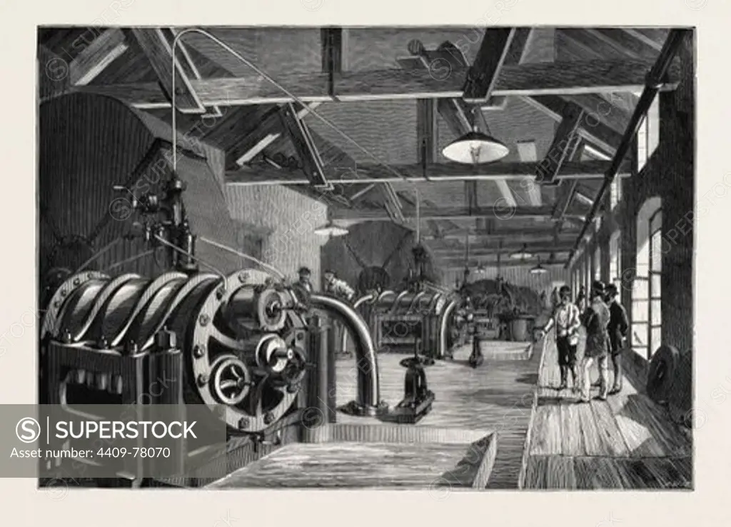 THE ST. GOTHARD TUNNEL: AIR-COMPRESSING MACHINERY AT AIROLO, 1880.