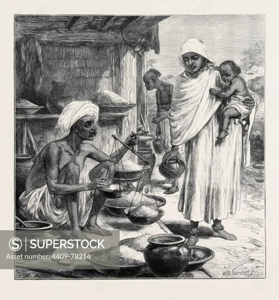 THE IMPENDING FAMINE IN BENGAL: A BENGALEE BENIAH OR GRAIN SELLER, 1874.