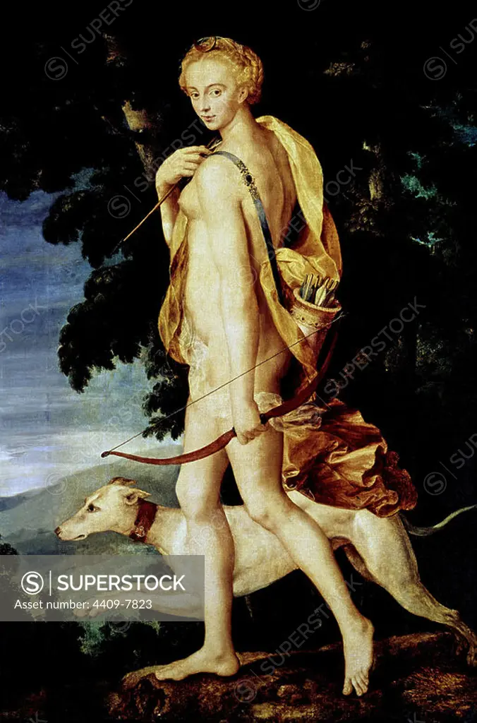 Diana the huntress, by an unknown artist from the Fontainebleau school. France, 16th Century. Location: LOUVRE MUSEUM-PAINTINGS. France. DIANA CAZADORA-DIOSA EN LA MITOLOGIA ROMANA.