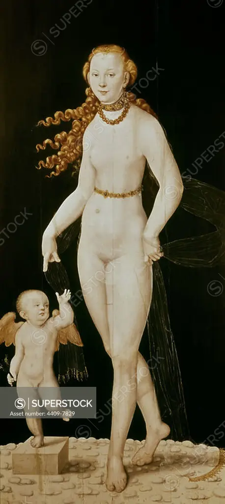 'Venus and Amor', c. 1620-1630, Oil on wood, 196 x 89 cm. Author: LUCAS CRANACH THE YOUNGER. Location: ALTE PINAKOTHEK. MUNICH. GERMANY. CUPID. AMOR MITOLOGIA. VENUS DIOSA ROMANA.