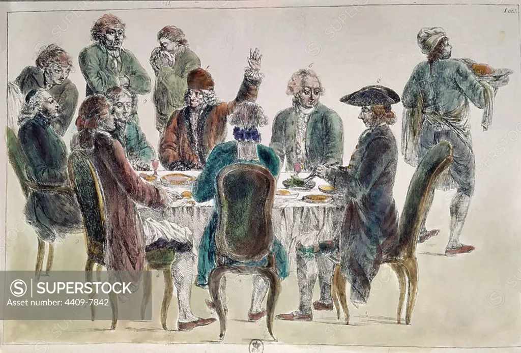 The Encyclopaedists' Dinner - 1772/73 - engraving. Author: JEAN HUBER. Location: NATIONAL LIBRARY. DENIS DIDEROT. JEAN LE ROND D'ALEMBERT. VOLTAIRE FRANÇOIS. Condorcet. MANRY. MANEY ABATE.