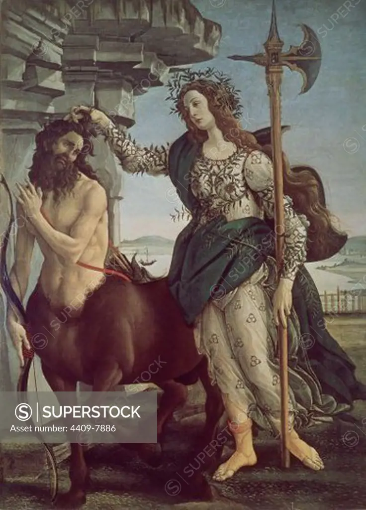 Athene and the Centaur - 1482/83 - 207x148 cm - tempera on panel - Italian Renaissance. Author: BOTTICELLI, SANDRO. Location: GALERIA DE LOS UFFIZI, FLORENZ, ITALIA. Also known as: PALAS ATENA Y EL CENTAURO.