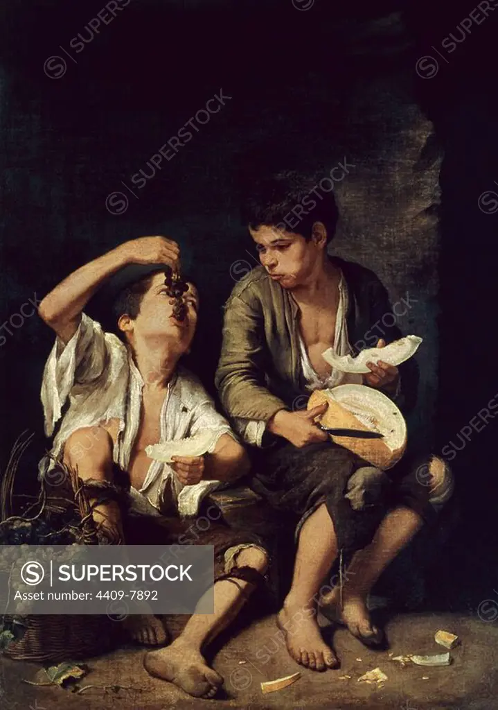 Two Children Eating a Melon and Grapes - 1650 - oil on canvas - Spanish Baroque. Author: BARTOLOME ESTEBAN MURILLO. Location: ALTE PINAKOTHEK. MUNICH. GERMANY.