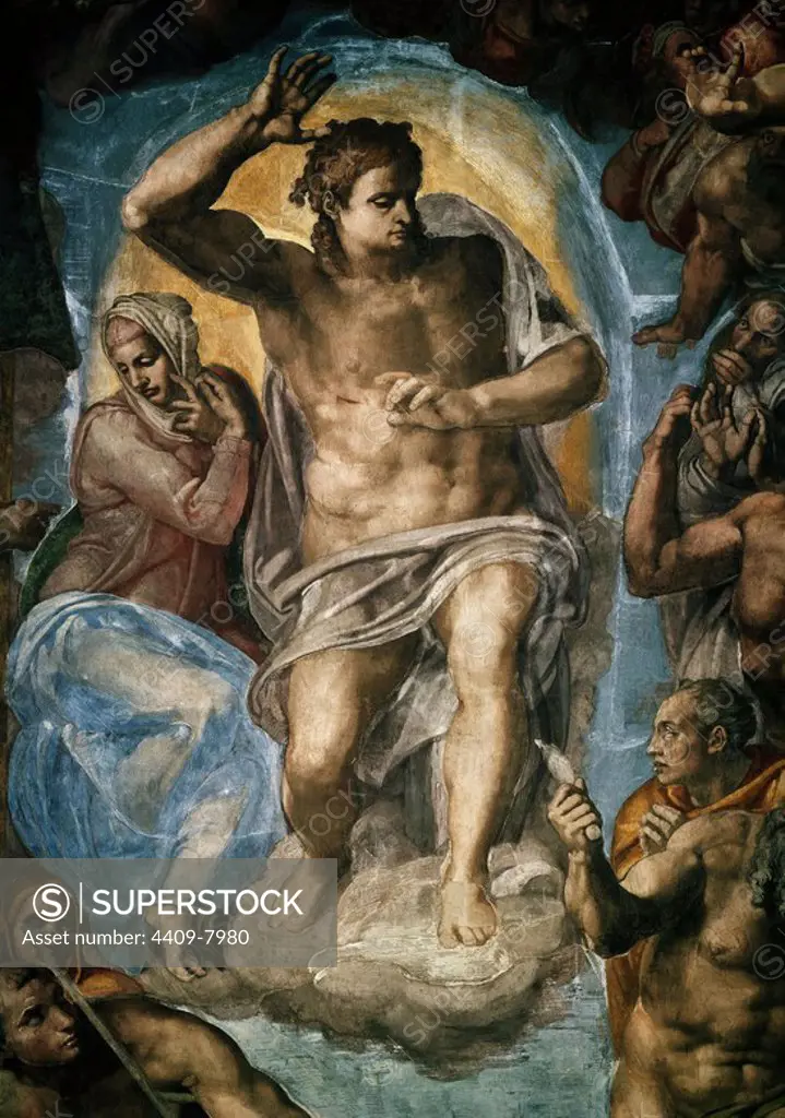 The Last Judgment (detail) . Fresco before restauration. Vatican, Sistine Chapel. Author: Michelangelo. Location: MUSEOS VATICANOS-CAPILLA SIXTINA. VATICANO. CRISTO JUEZ.