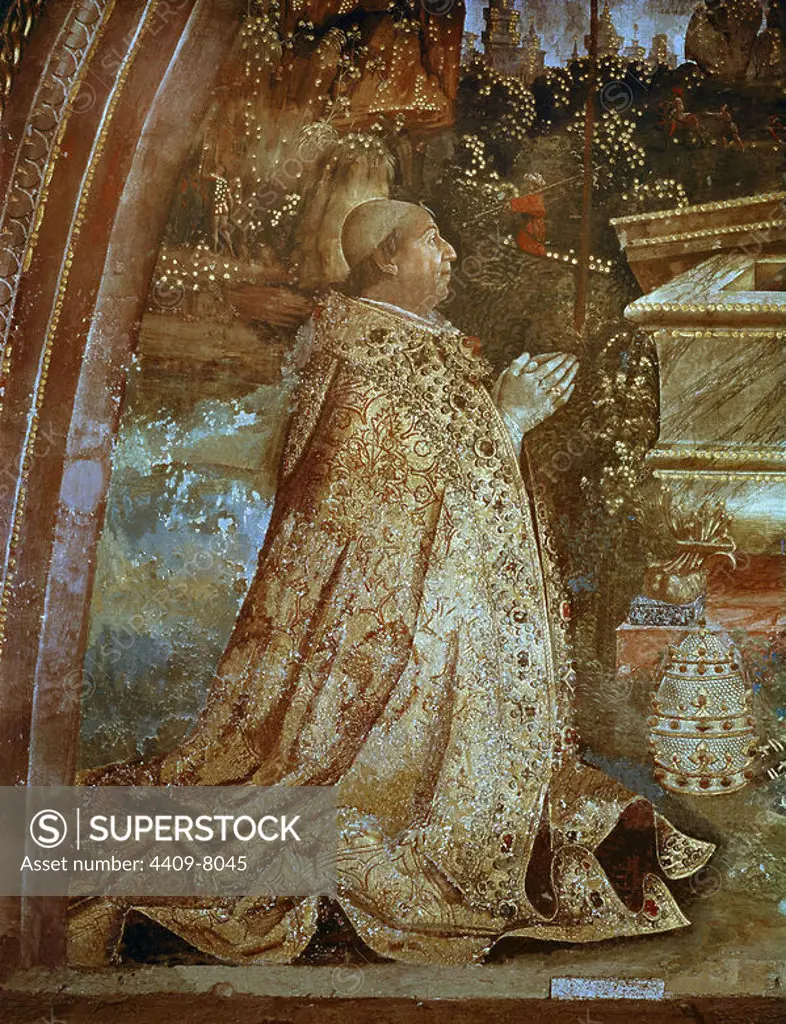 Alexander VI (Alessandro VI) , pope from 1492 to 1503. Vatican Palace. Author: BERNARDINO DI BETTO BIAGIO 1454-1513 PINTURICCHIO. Location: MUSEOS VATICANOS-APARTAMENTOS BORGIA. VATICANO. ALEXANDER VI POPE. Pope Alexander VI Borgia. BORGIA RODRIGO PAPA ALEJANDRO VI.