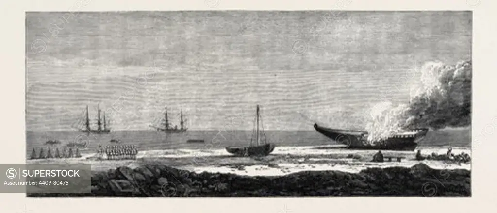EXPEDITION OF A BRITISH FORCE FROM ADEN TO SHUGRA: EMBARKATION OF THE TROOPS AND BURNING OF A DHOW, 1866.