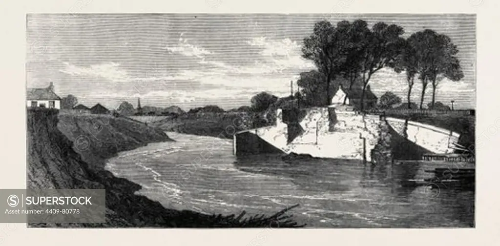 THE INUNDATIONS IN THE FENS: THE BLOWN SLUICE AT THE MARSHLAND DRAIN, 1862.