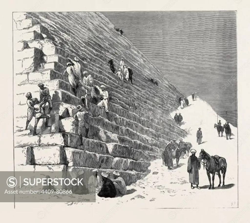 THE RECENT CAMPAIGN IN EGYPT: THE DUKE OF CONNAUGHT ASCENDING THE PYRAMID OF CHEOPS, CAIRO.