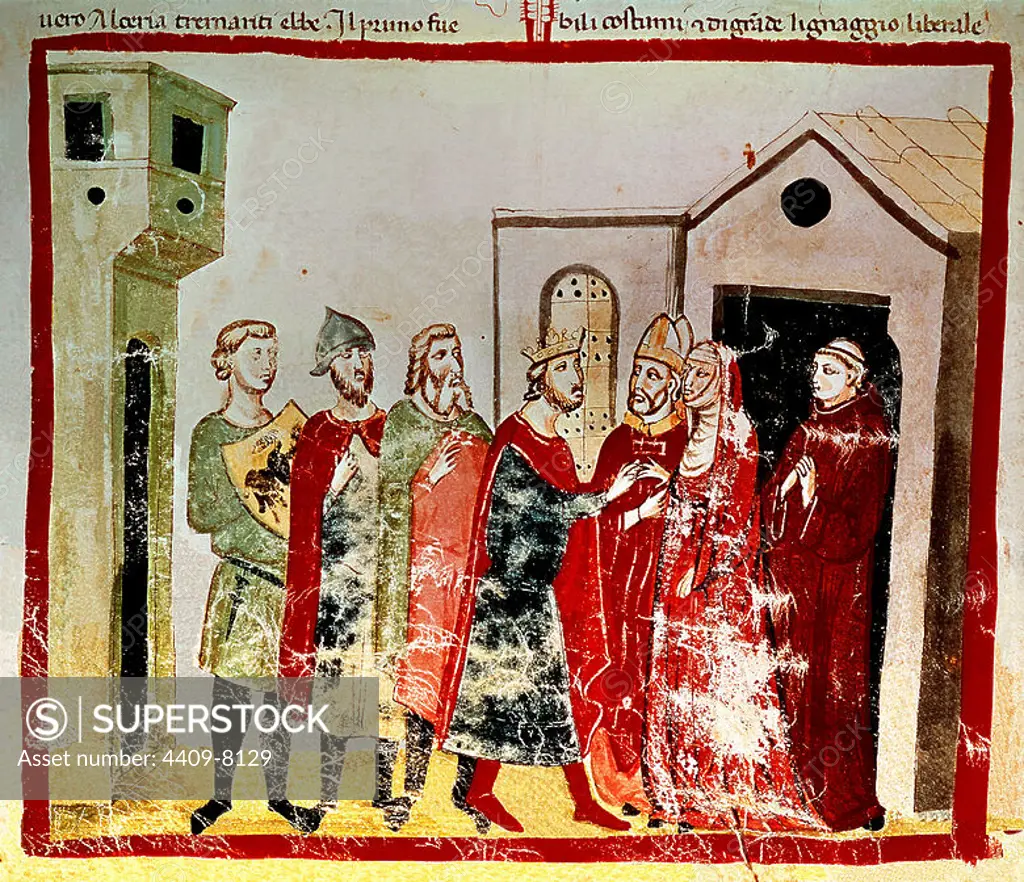 Gregory VII (Gregorio VII), pope from 1073 to 1085. Library of the Vatican. Chronicle . Audience in Canossa in 1077 - Henry IV of Germany asking for Pope Gregory VII and Matilda's forgiveness. Author: GIOVANNI VILLANI (1280-1348). Location: BIBLIOTECA APOSTOLICA-COLECCION. VATICANO. GREGORY VII POPE. ENRIQUE IV DEL SACRO IMPERIO ROMANO. MATILDE CONDESA. CLUNY ANDRES (ABAD). MATILDE DE CANOSA. CANOSSA MATILDE.