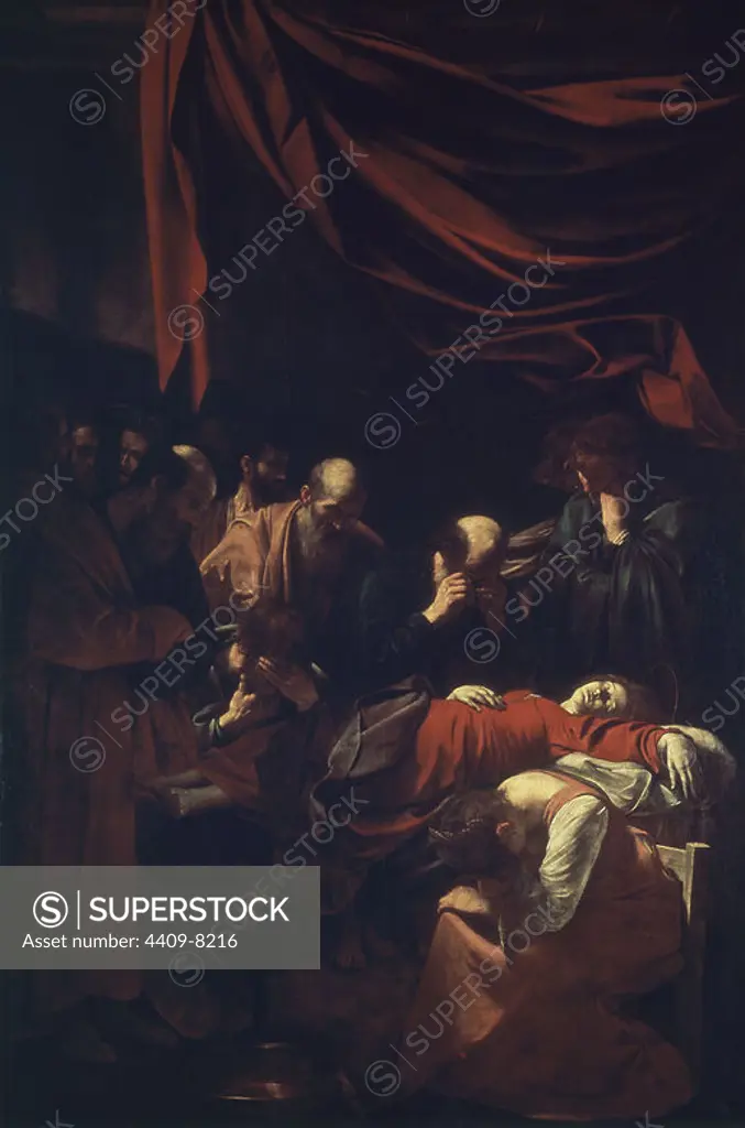 The Death of the Virgin - 1605/1606 - 369x245 cm - oil on canvas - Italian Baroque. Author: MICHELANGELO MERISI DA CARAVAGGIO (1573-1610). Location: LOUVRE MUSEUM-PAINTINGS. France. MARY MAGDALENE. VIRGIN MARY.