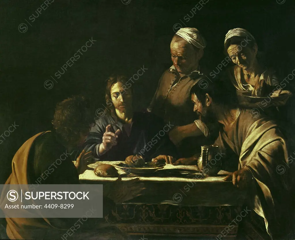 Supper at Emmaus - 1606 - 141x175 cm - oil on canvas - Italian Baroque. Author: MICHELANGELO MERISI DA CARAVAGGIO (1573-1610). Location: PINACOTECA DI BRERA. Milan. ITALIA. JESUS. CRISTO RESUCITADO.