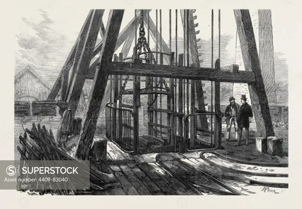 THE STAFFORDSHIRE COLLIERY: TOP OF THE SHAFT, AND CAGE FOR DESCENDING, 1873.