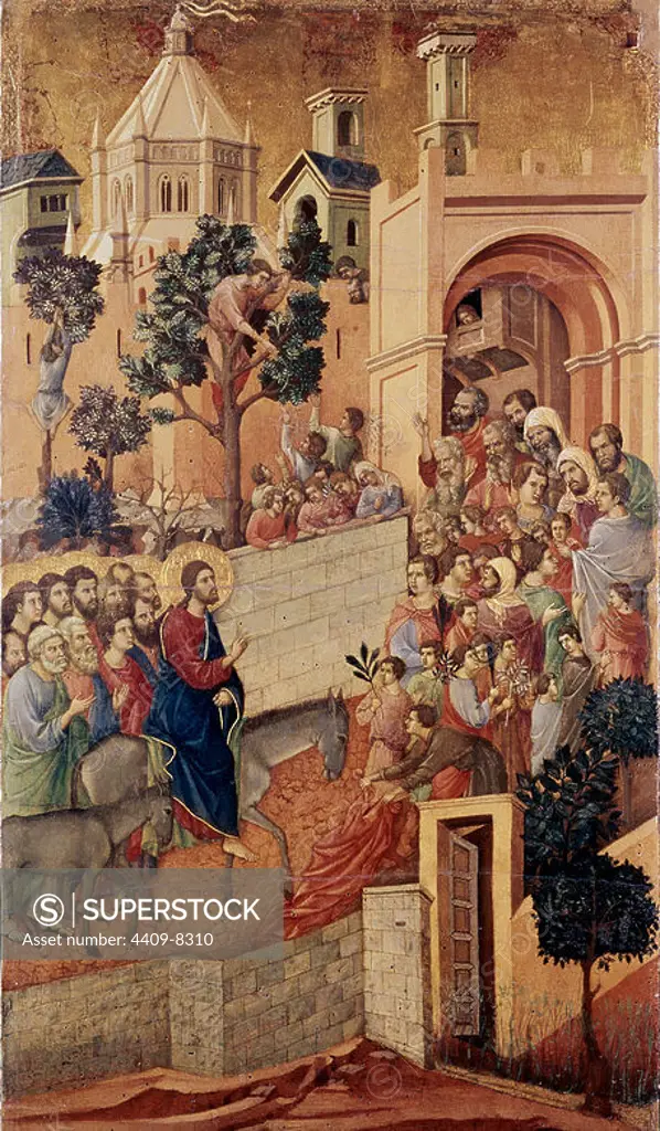 Maesta: Entry into Jerusalem - 1308/11 - 100x57 cm. Author: DUCCIO DI BUONINSEGNA (1255-1319). Location: MUSEO DELLOPERA DEL DUOMO DE SIENA. SIENA. ITALIA. JESUS.