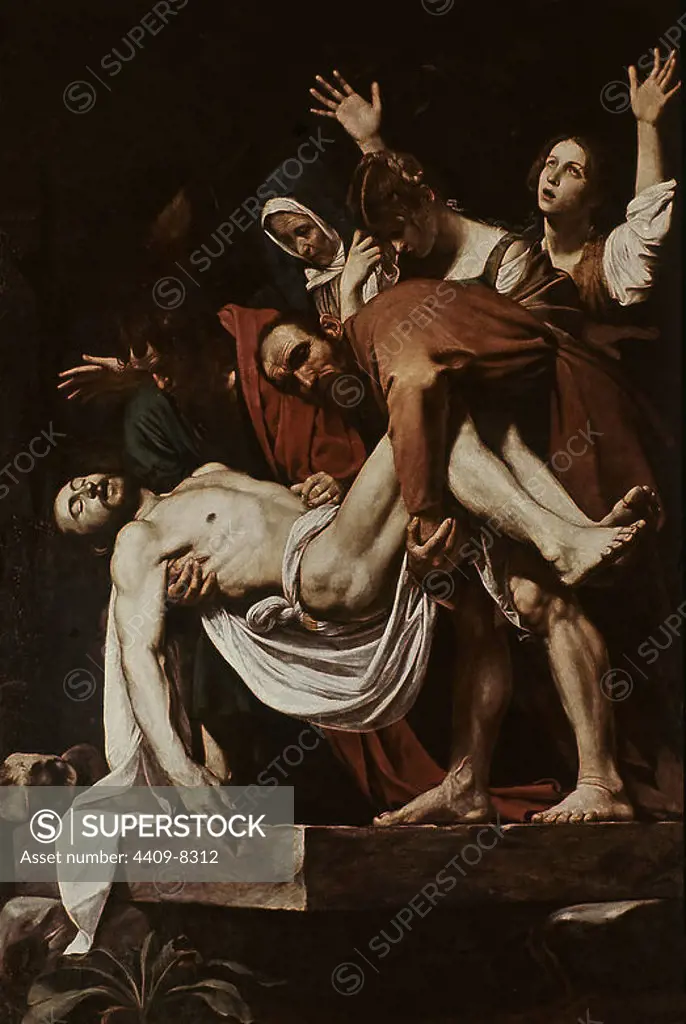 'The Entombment of Christ', ca. 1602/04, Oil on canvas, 300 x 203 cm. Author: CARAVAGGIO. Location: MUSEOS VATICANOS-PINACOTECA. VATICANO. JESUS. MARY MAGDALENE. Mary Of Clopas. VIRGIN MARY. NICODEMO. SAN JUAN EVANGELISTA Y APOSTOL. CRISTO MUERTO. VIRGEN DOLOROSA. JESUS MUERTO.
