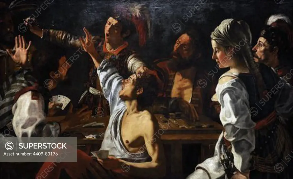 ARTE BARROCO. FLANDES. Theodoor Rombouts, o Theodore 1597-14 1637). Pintor barroco flamenco especializado en pinturas de género. JUGADORES DE CARTAS", ENFRENTAMIENTO". 1620-1630. Staten Museum for Kunst. Copenhague. Dinamarca.