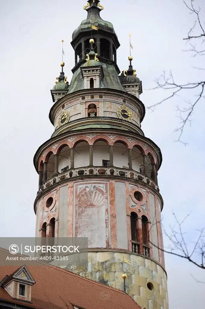 Czech Republic. Cesky Krumlov. Little Castle Tower. 13th-16th centuries. Reconstructed at the 20th century. Detail. UNESCO World Heritage Site.