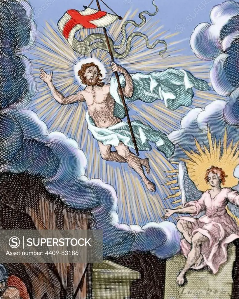 Luke 24. Resurrection of Jesus. Colored engraving.