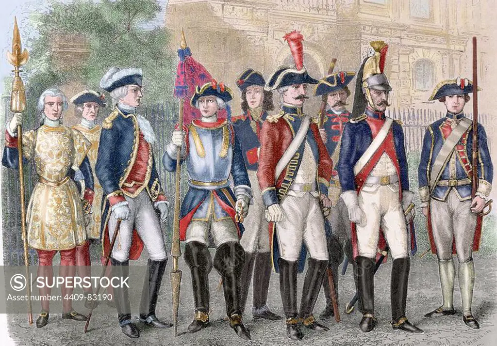 France. Royal Guard. 18th century. Among them, left to right: cuirassier, carabineer, dragoon and gate guard. Colored engraving.